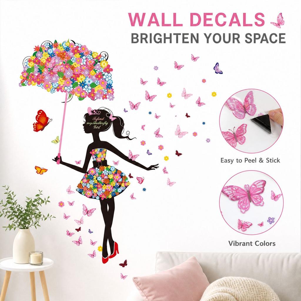 Umbrella Girl and Butterfly Wall Decals, Decorative Stickers for Living Room Bedroom
