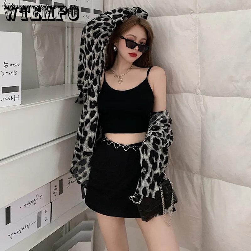 Lady Vintage Leopard Print Long-sleeved T-Shirts Women Spring Autumn Casual Single Breasted Mid-length Shirts Streetwear