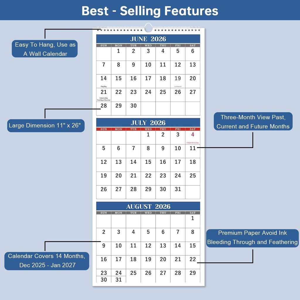 2026 Wall Calendar - 3 Month Wall Calendar Vertical 2026 (Folded In a Month), Dec.2025 - Jan.2027, 11" X 26", Calendar 2026, 3-Month Display Calendar
