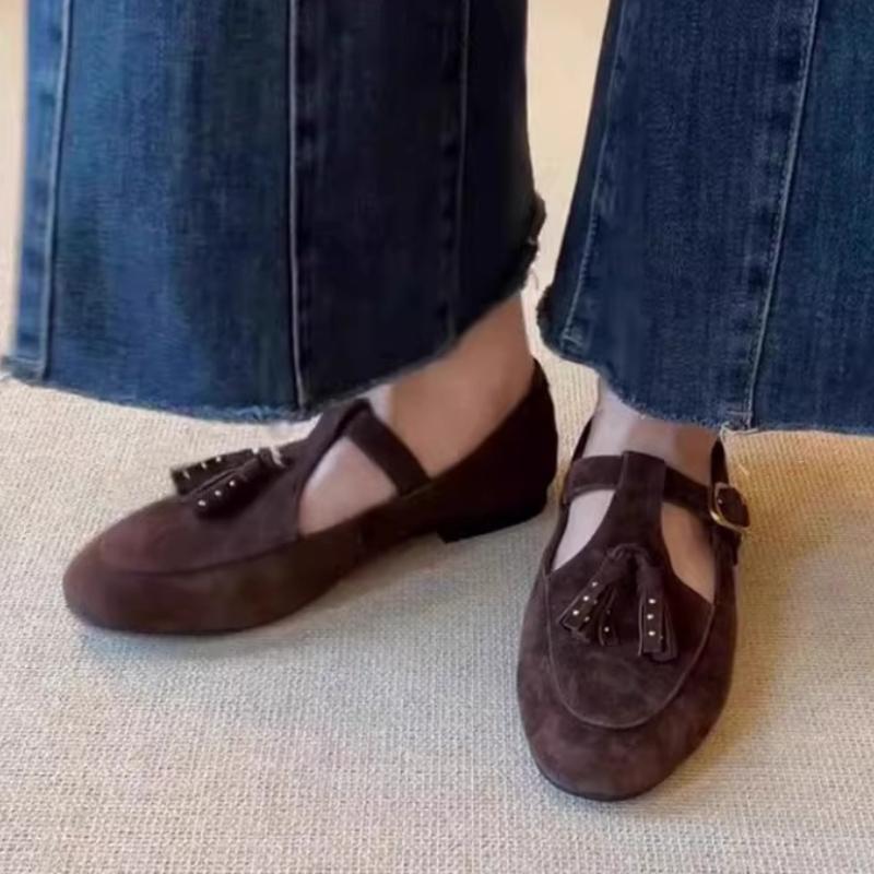Fashion Tassel T Strap Design Retro Mary Jane Shoes Comfort Round Toe Buckle Flats Shoes for Ladies Lightweight Walking Loafers