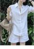 Women's Summer Linen Suit: White Shirt & Shorts Two-Piece Set - Simple, Casual, and Elegant Sun Protection.