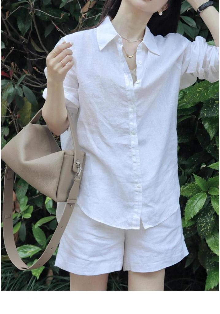 Women's Summer Linen Suit: White Shirt & Shorts Two-Piece Set - Simple, Casual, and Elegant Sun Protection.