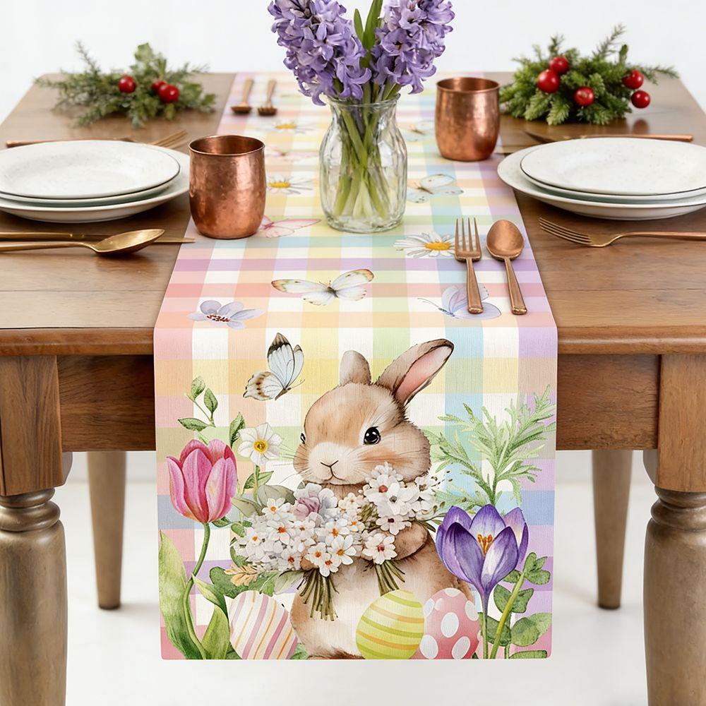 Waterproof Rabbit Dining Table Cloth Anti Slip Easter Table Runner Table Cover Colorful