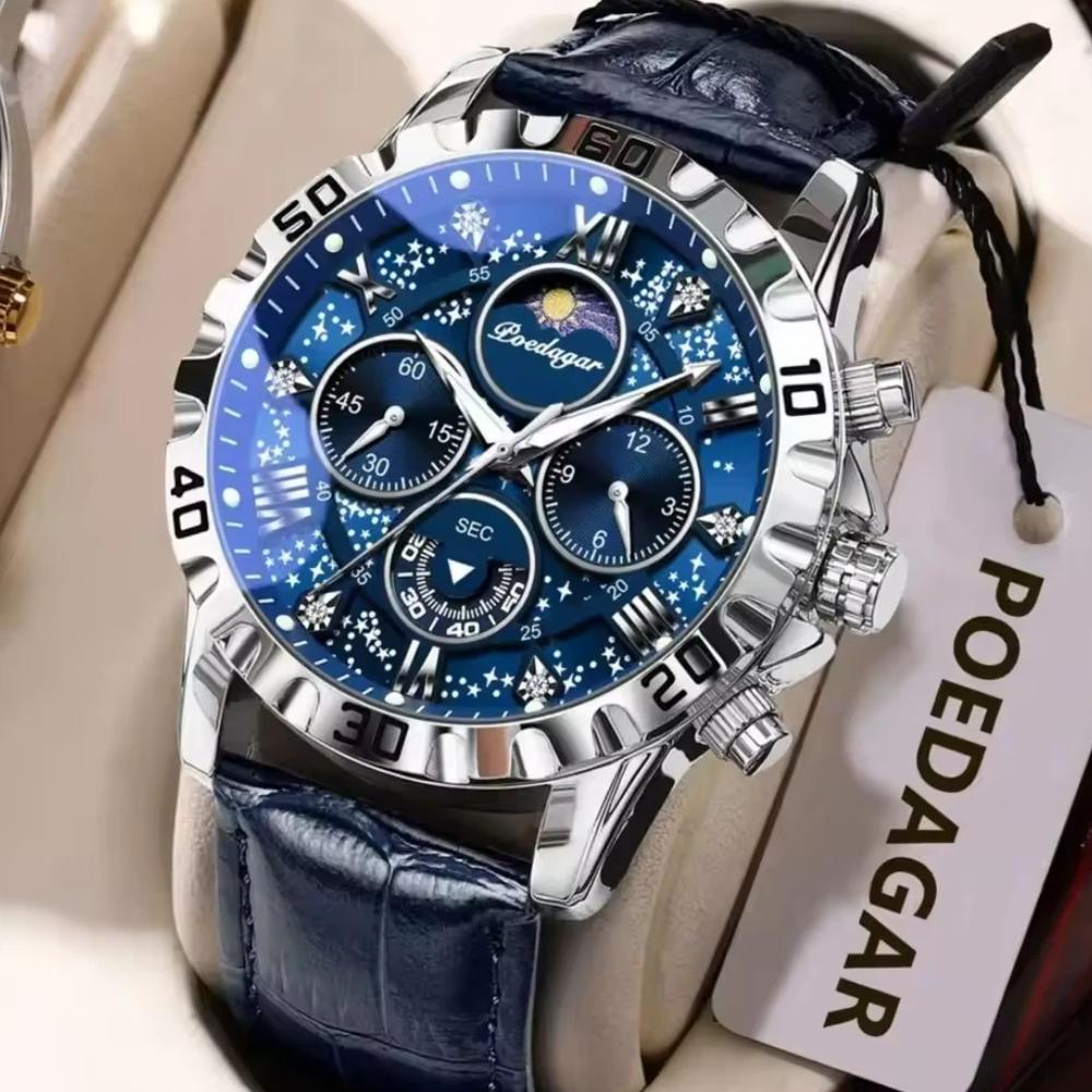 POEDAGAR Original Military Man Wristwatch Waterproof Luminous Chronograph Leather Strap Watches for Men Quartz Watch Reloj