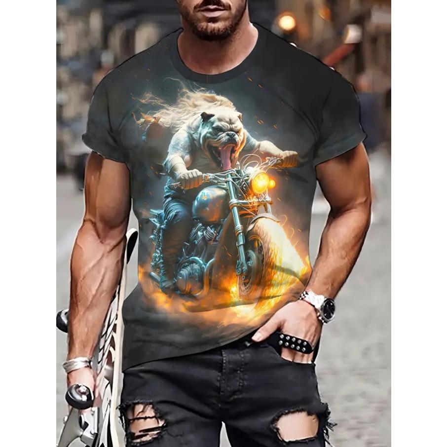 Moto Men's Casual 3D Print Loose Round Neck Short Sleeved T-shirt Top