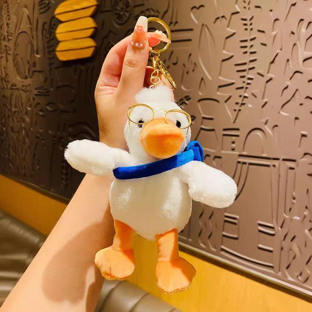

PP Cotton Glasses Duck Plush Keychain Fluffy Plush Doll Pendant Yellow Duck Plush Keyring Unisex White-Key Chain