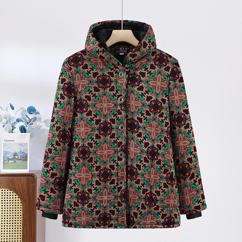 Elderly Women's Winter Fleece-Lined Cotton Jacket for 60s-70s Mom