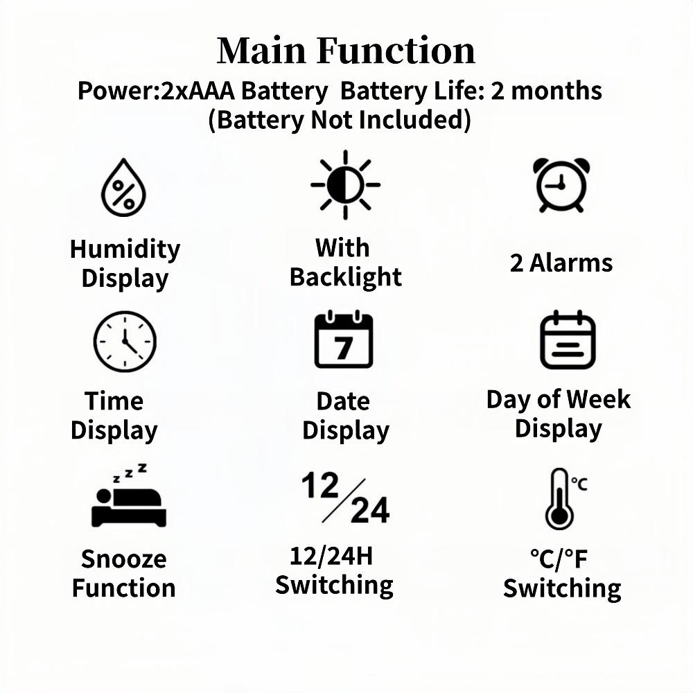 Battery Powered Large Digital Alarm Clock with Backlight Temperature Humidity Date Snooze Table Clock Dual Alarm12/24H LCD Clock
