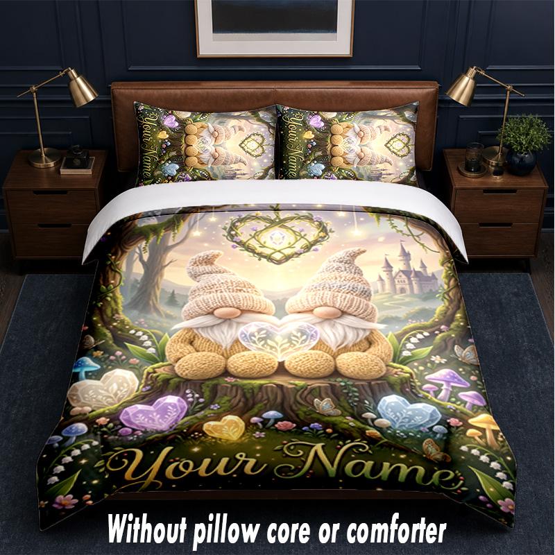 Gnome Theme Custom Text Or Name 3Pcs Bedding Set,1 Flat Sheet & 2 Pillowcases Personalized Home Bedding