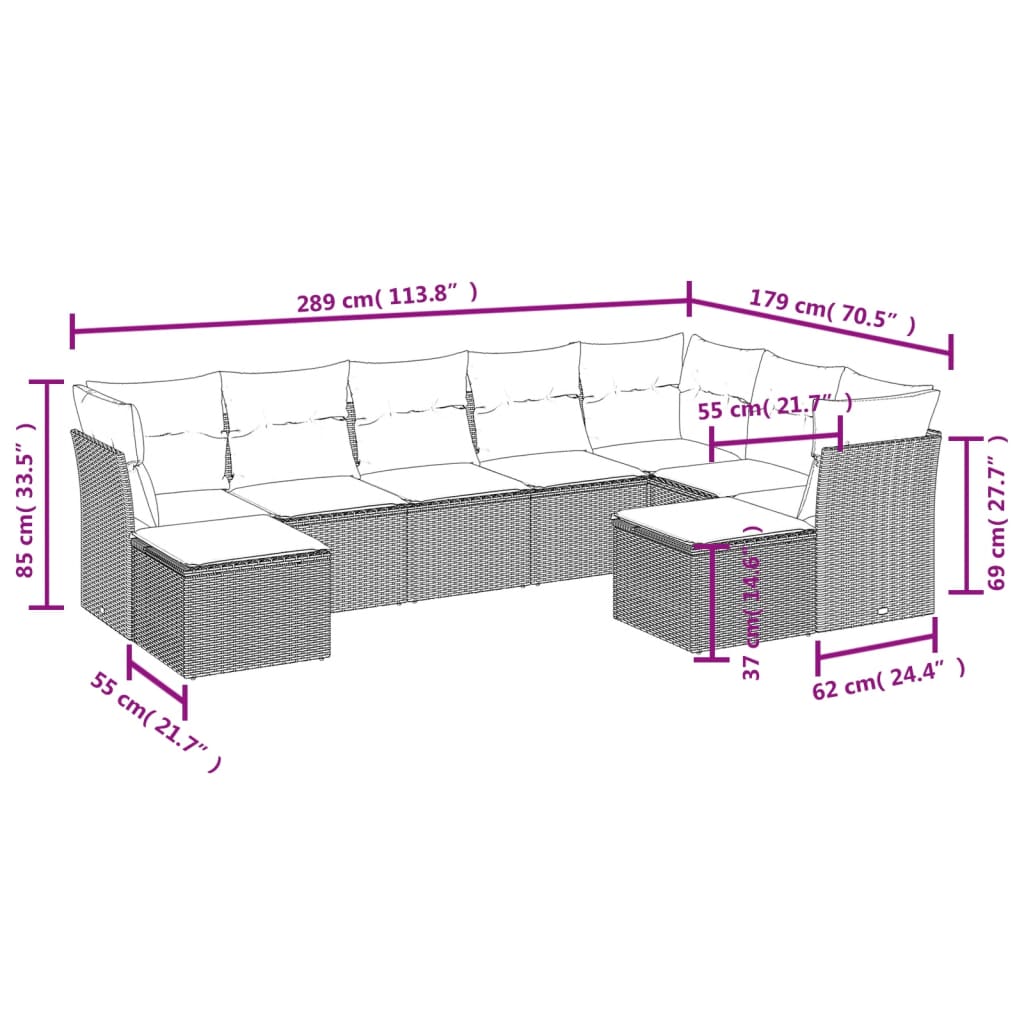 Vidaxl 9-Cz. Garden Furniture Set With Cushions, Grey, Poly Rattan