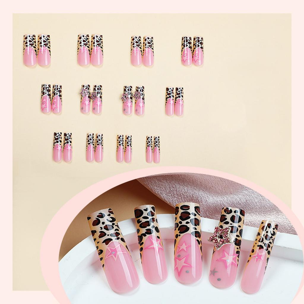 Pink Long False Nails with Leopard Tip Charming Comfortable To Wear Manicure Nails for Shopping Traveling Dating