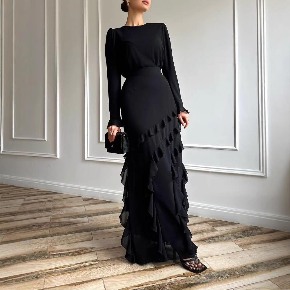 Evropské a americké 2025 Jarní High-End 3D Volánky Slim Večerní Šaty Set - Dvoudílný