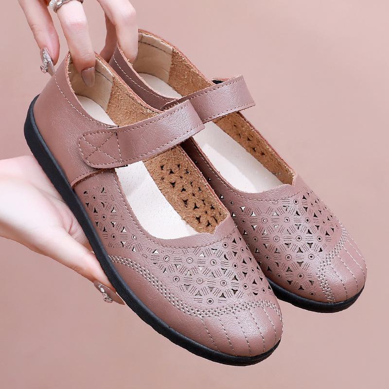 

Sandals women s hollow breathable hole shoes non-slip soft leather medium and old soft bottom flat bottom summer elderly shoes 35