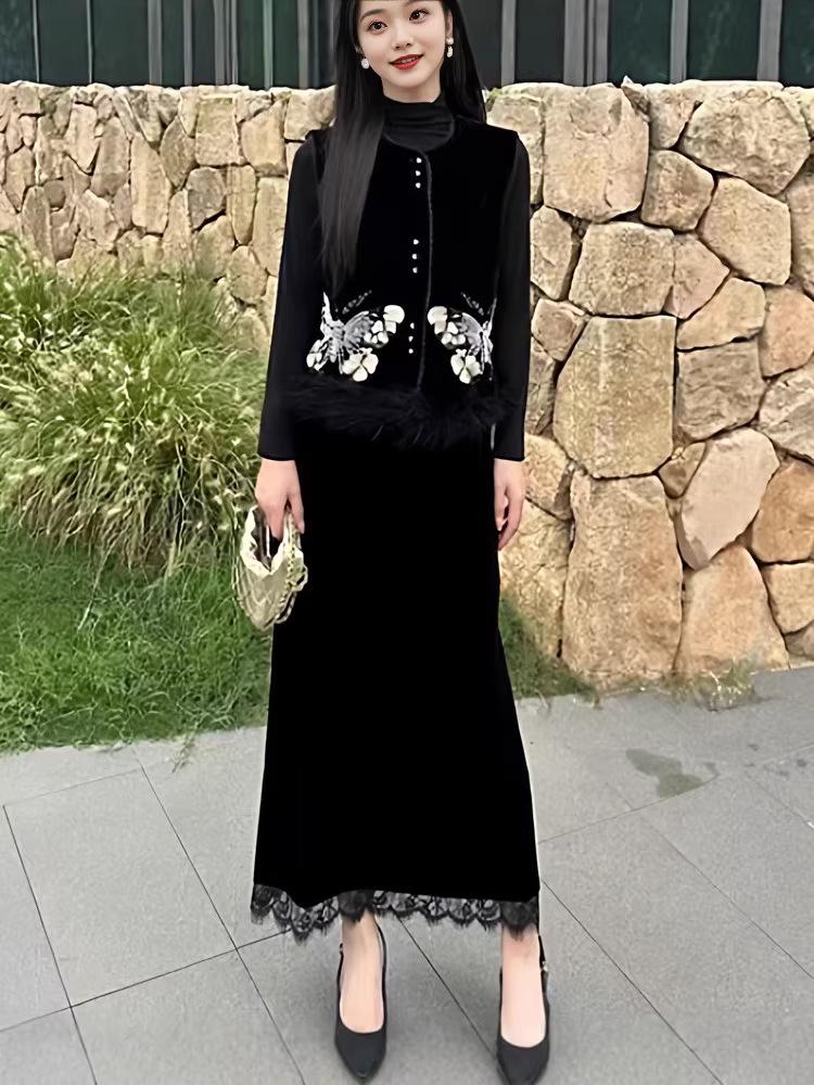 

Women s Silk Velvet Suit Set: Embroidered Ostrich Feather Vest, Skirt, and Base Layer Top Large