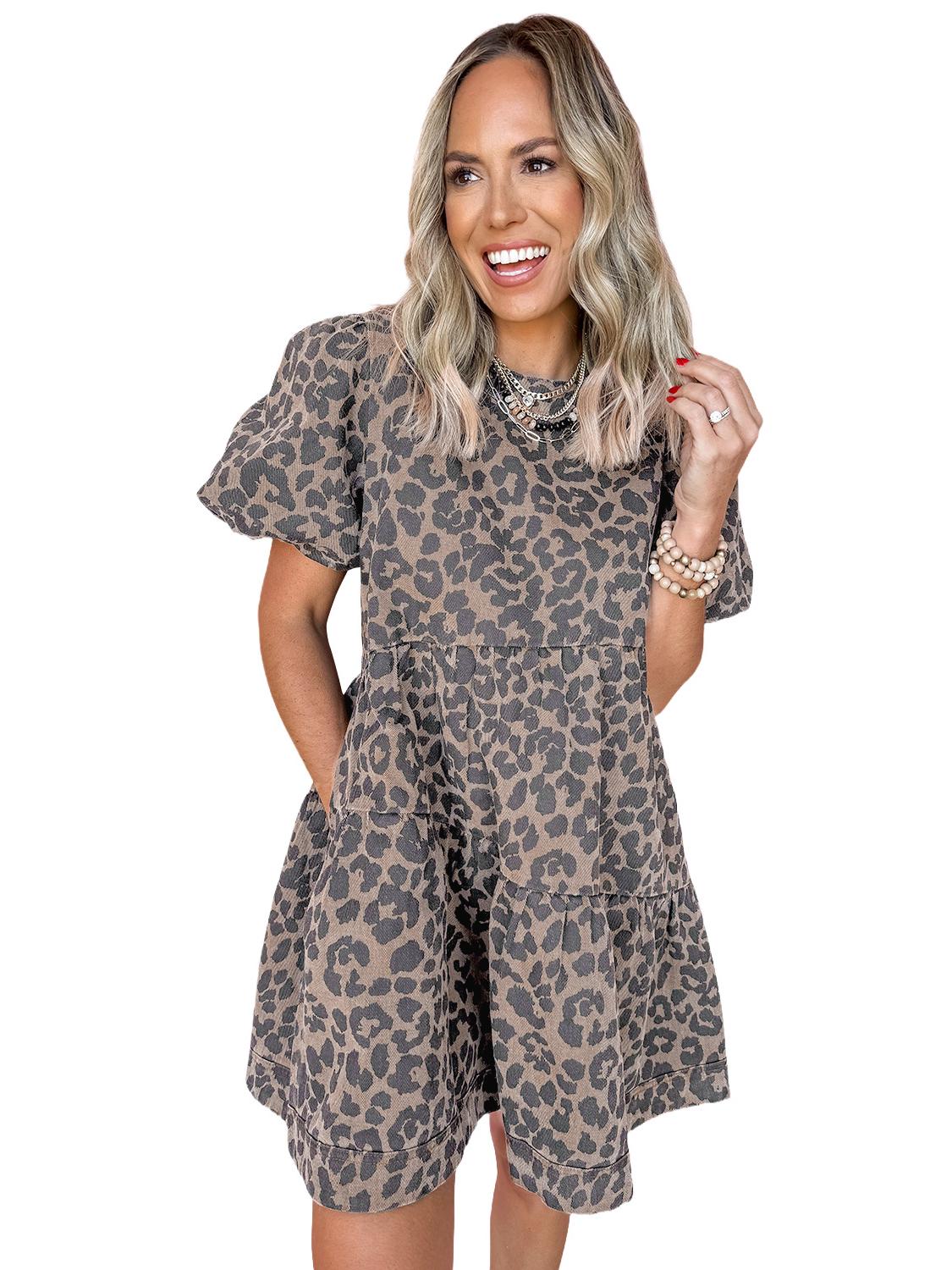 

SHIYING Женское летнее платье миди с леопардовым принтом, круглым вырезом, короткими рукавами и высокой талией. L цветной печати леопарда