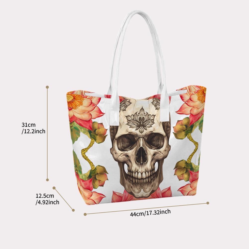 Gothic Skull Lotus Print Tote Bag Stylish Daily Shoulder Bag for Women