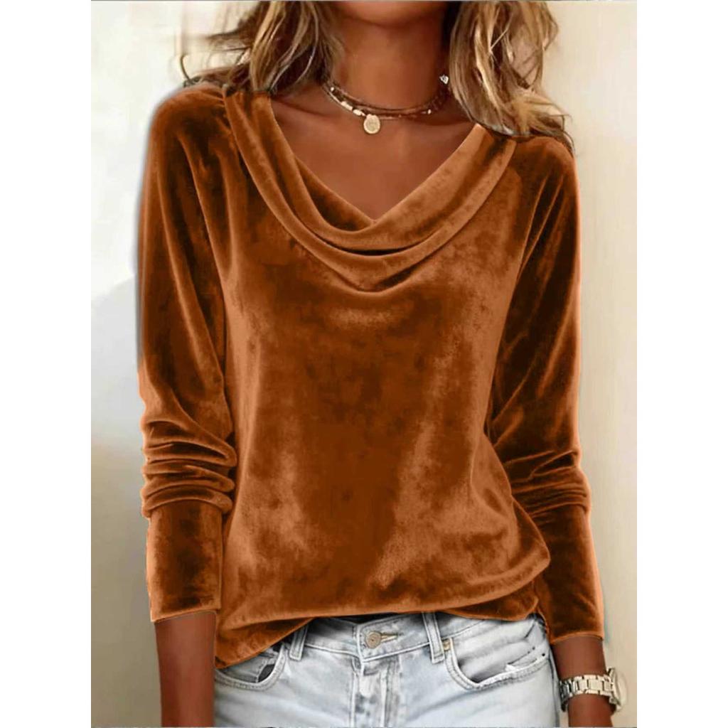 Women's Solid Color Velvet Long Sleeve T-shirt, Sexy Cowl Neck Casual Top
