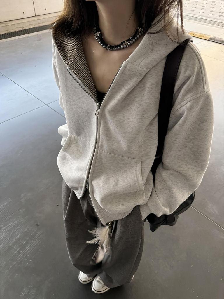 Cleanfit Reversible Houndstooth Hooded Sweatshirt – Men's Autumn/Winter Heavy-weight Zip Cardigan Jacket