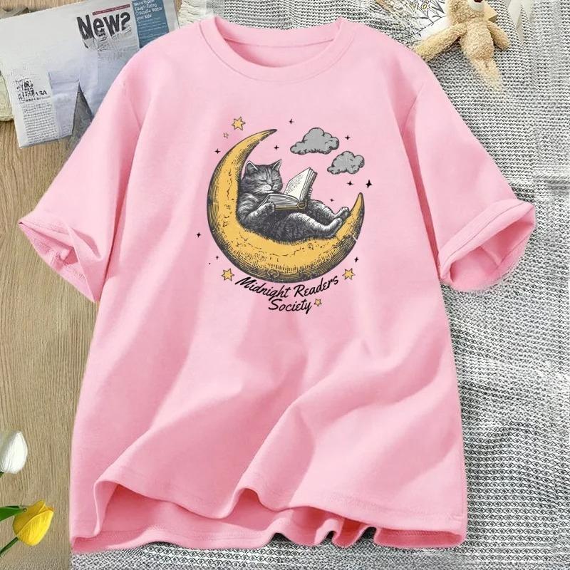 Midnight Readers Society Cat T Shirt Comfort Book Lovers Tshirt Cute Literary Tee Bookish TeeShirt Casual Short Sleeve