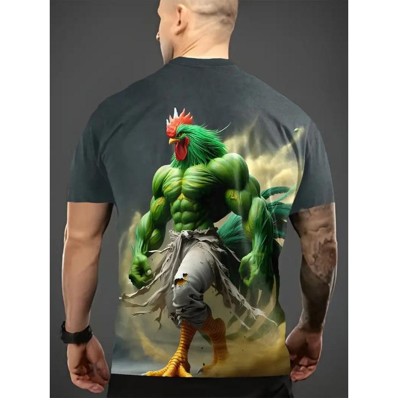 Men's 3D Rooster Printed T-shirt Humorous Digital Printed Short Sleeved T-shirt Breathable Polyester Round Neck Casual