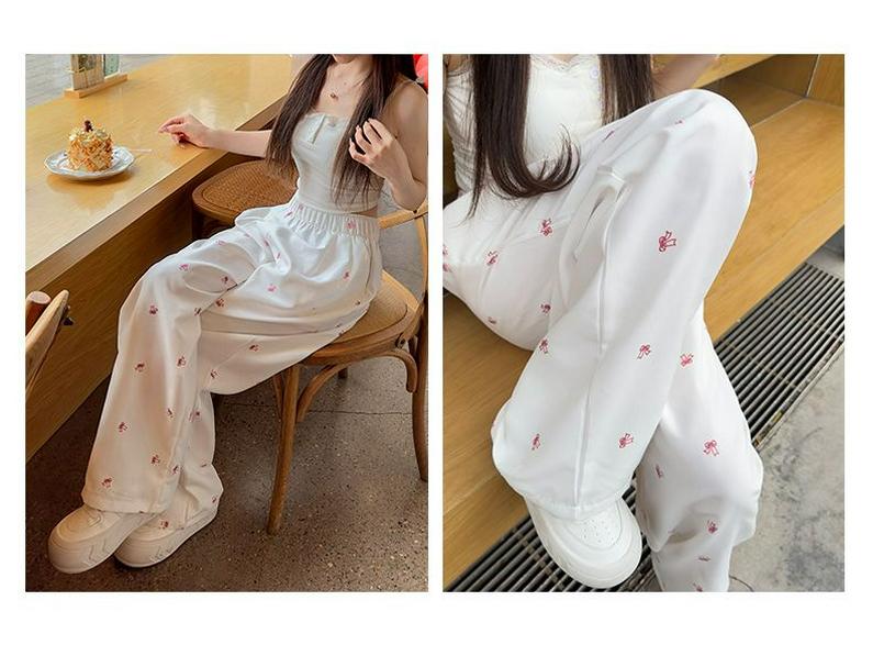 White Floral Yamamoto Women's Slim Straight Wide-Leg Bow Pants - 2025 Summer Collection.