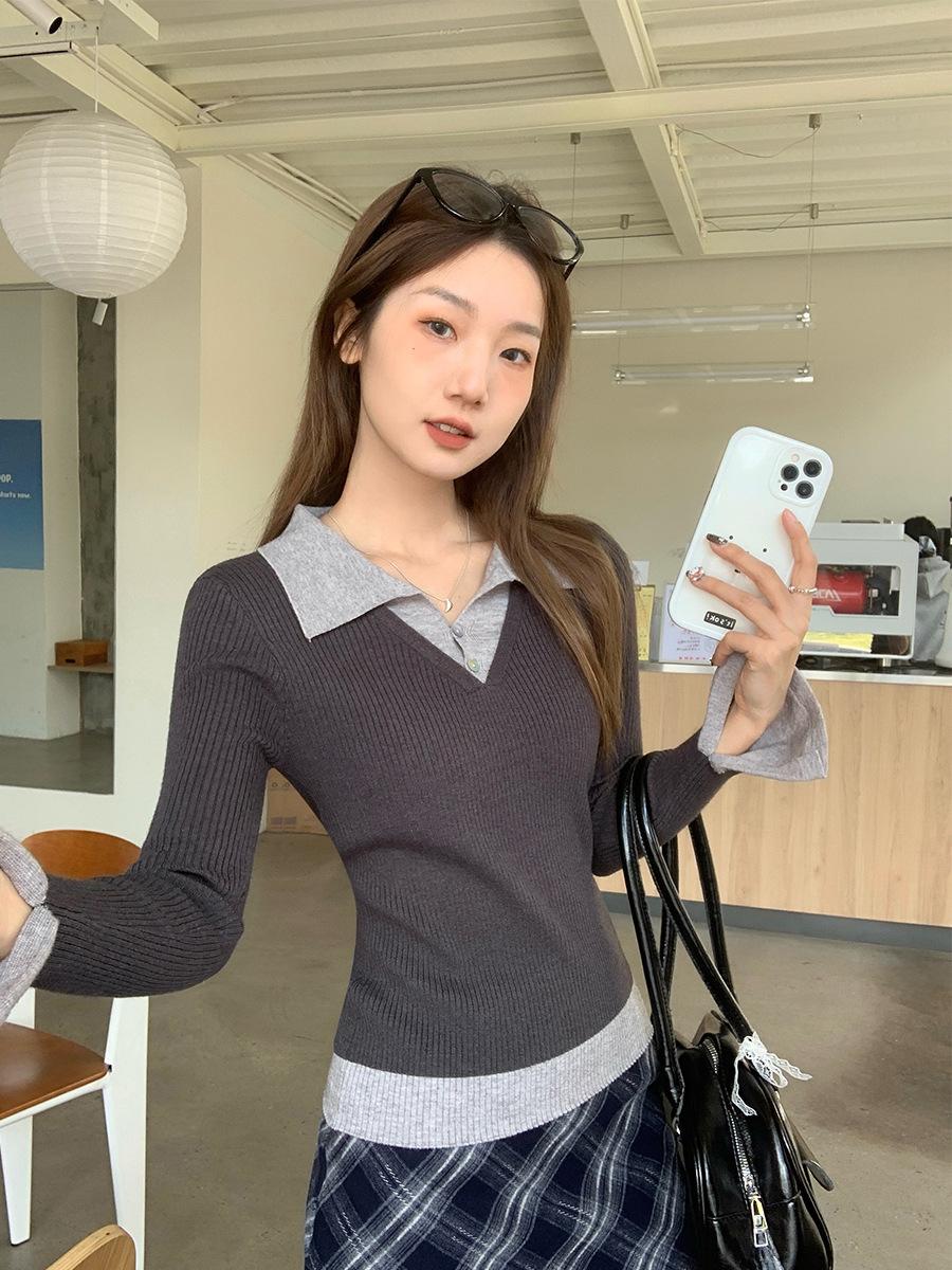 

New contrasting color fake two-piece knitted bottoming shirt women s spring wear with Polo collar horn long-sleeved temperament sweater top S