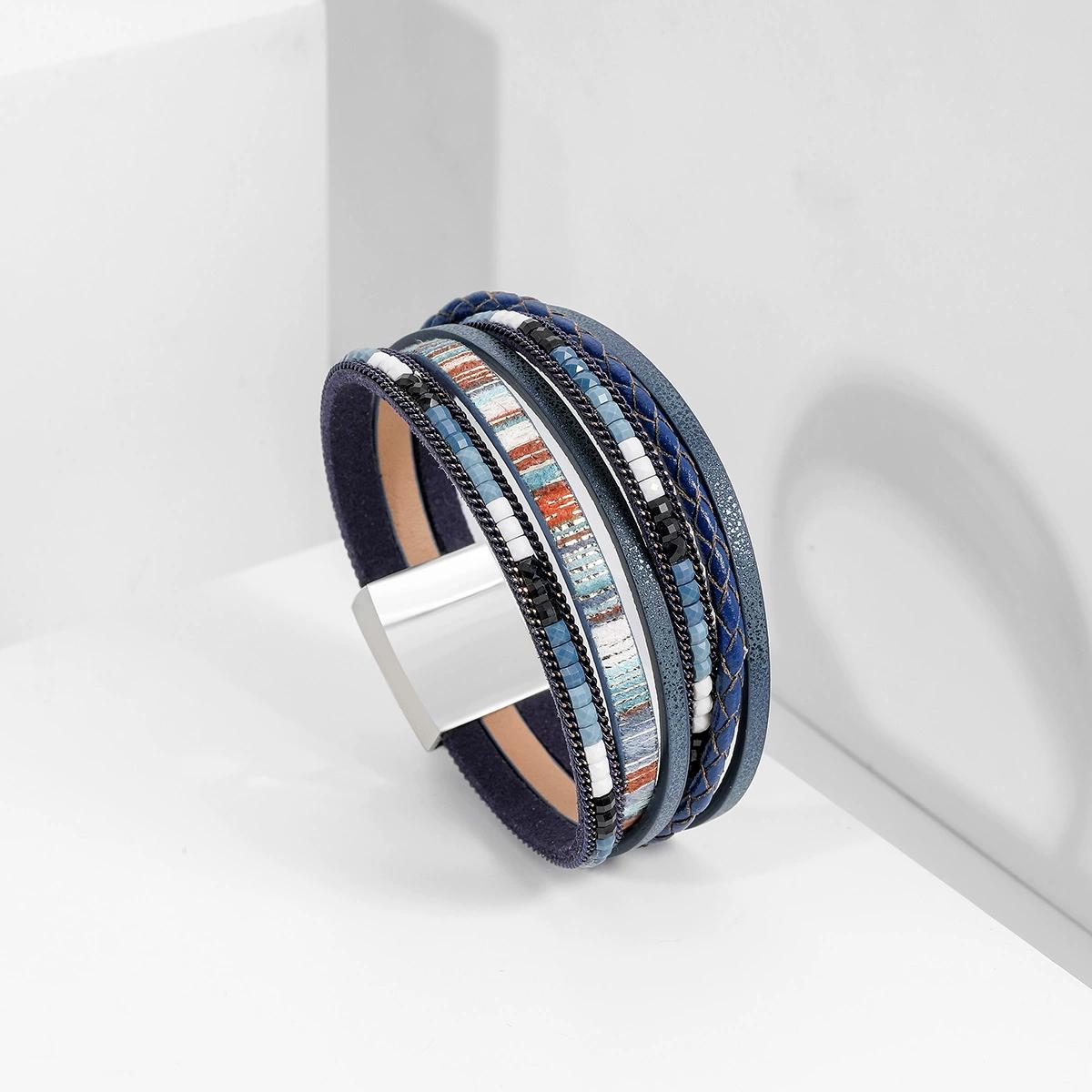 

Многослойный коричневый кожаный браслет для женщин, модный, креативный, богемный, плетеный вручную, с магнитной застежкой темно-синий
