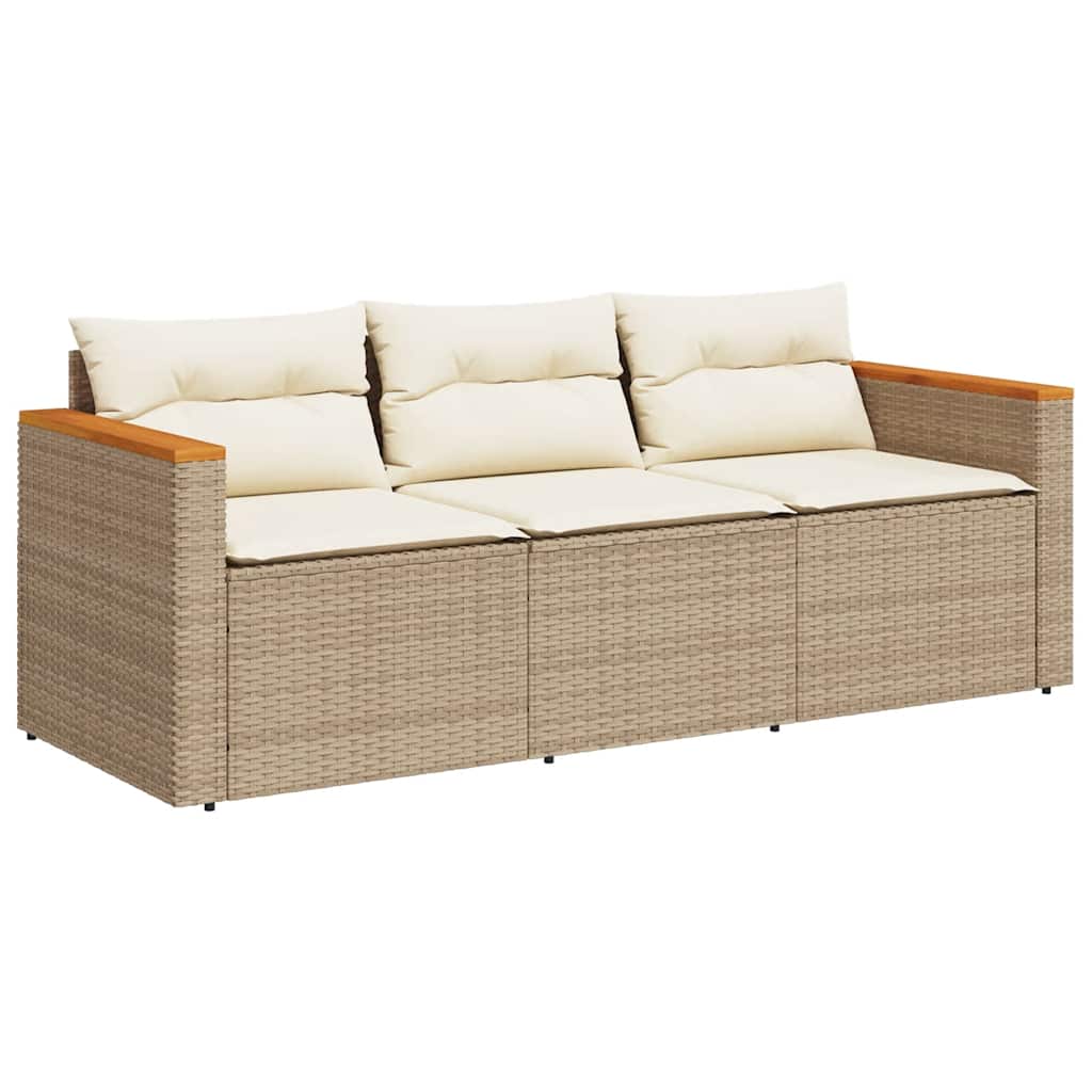 3 Seater Garden Sofa with Cushions Beige Poly Rattan