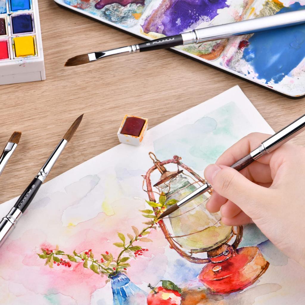 Kolinsky Sable Hair Round Watercolor Paint Brush Set of 4 - Portable Compact Artist Brushes with Pocket for Art, Gouache, Acrylic, and Oil Painting