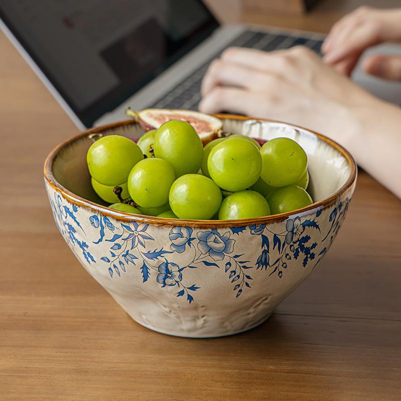 Retro Style 7-Inch Relief Ceramic Ramen Bowl High-Footed Soup Bowl Eating Noodles Large Bowl Instant Noodles Mixing Bowl Outlet