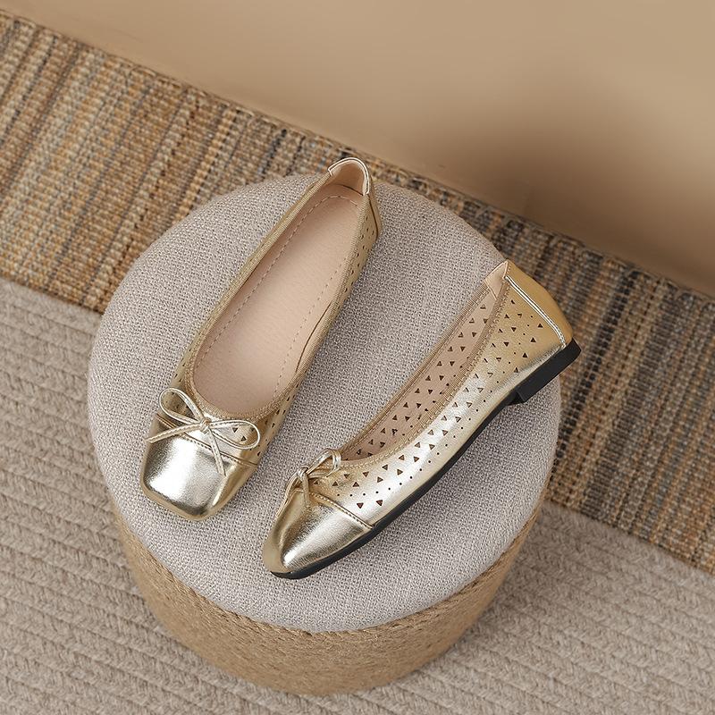 Fashion Women Simple and Elegant Daily Hollow Square Toe Ballet Flats Plus Size Solid Color Bow-Knot Slip-On Comfortable Mary Jane Shoes