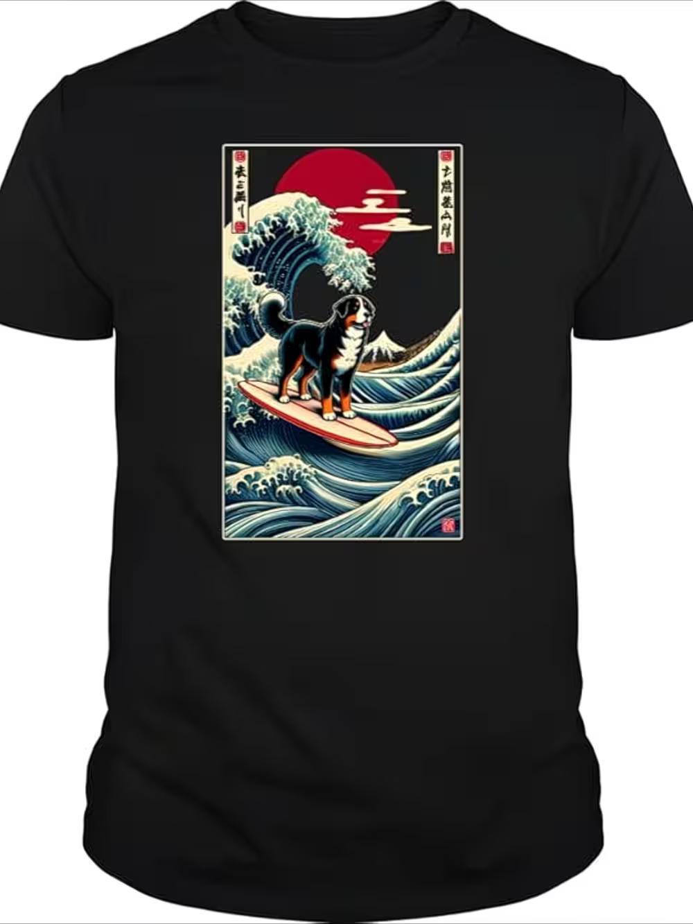 Bernese Mountain Dog Surfing Kanagawa Wave Japanese Art Pattern T-Shirt S