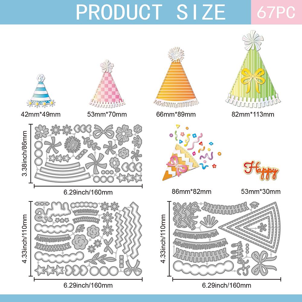 3Pcs 3 Styles Party Hat Carbon Steel Cutting Dies Stencils for DIY Scrapbooking Photo Album Decorative Embossing Paper Card Mixed Shapes 87x160x0.8mm