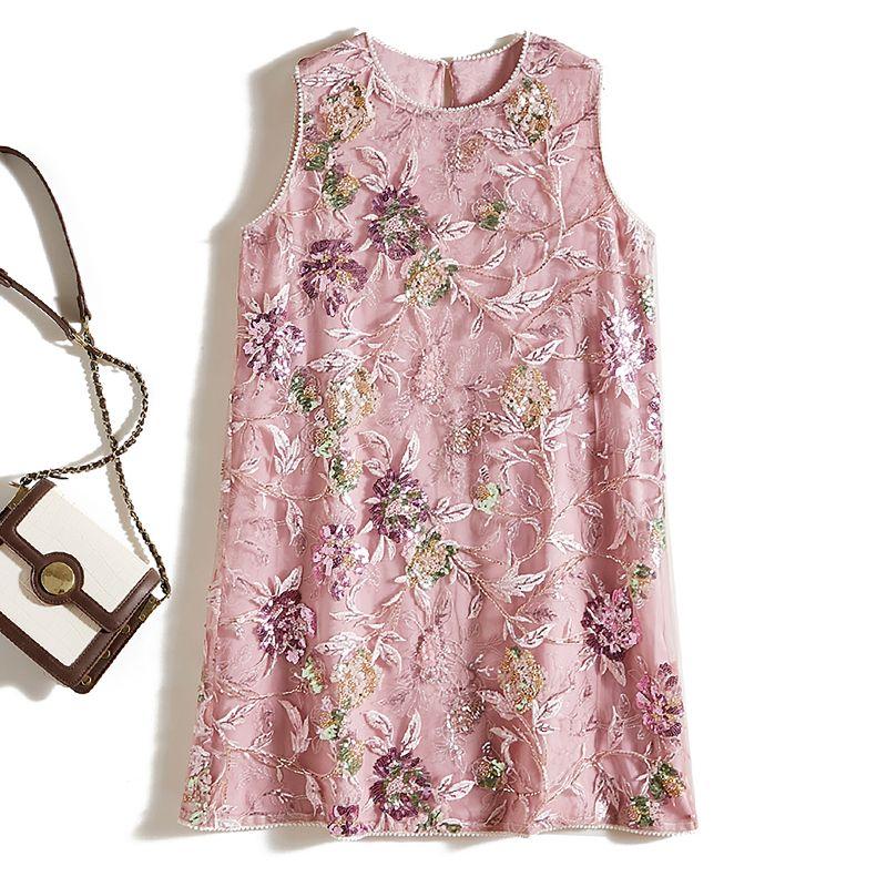 

See the Details and Enter! High end Socialite Women Silk Yarn Embroidered Sequined A Word Vest Skirt Summer Nude Pink Dress Pink 2XL