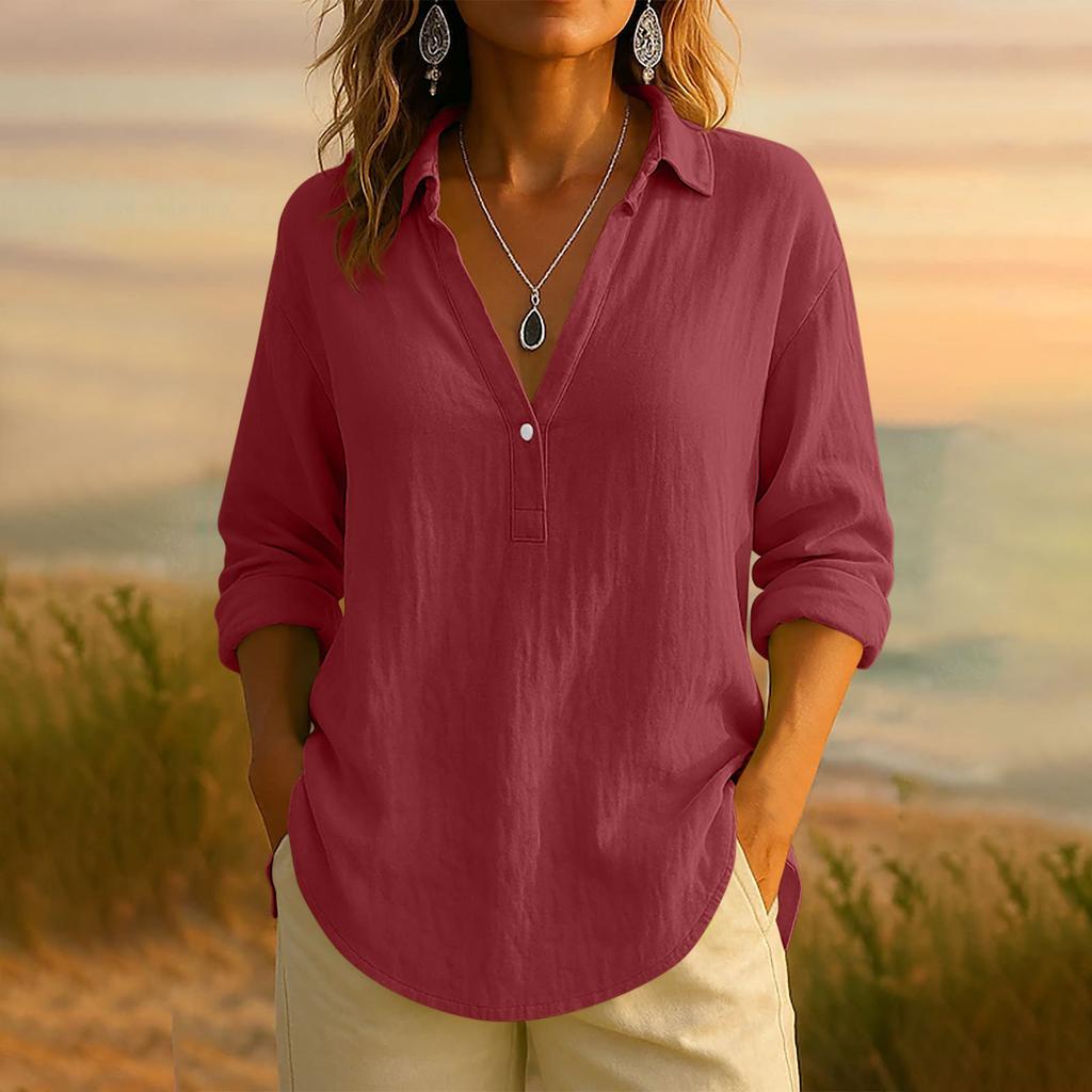 Women's Casual Fashionable Comfortable Solid Color Loose V-Neck Button-Down Long Sleeve Top Shirt