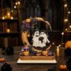 Novelty Ghost Swing Crafts Halloween Moon Figurine, Reading On with Floral Natural Wood Spooky Decor Pumpkin Accents, Wooden Bookshelf for Desk Mantel