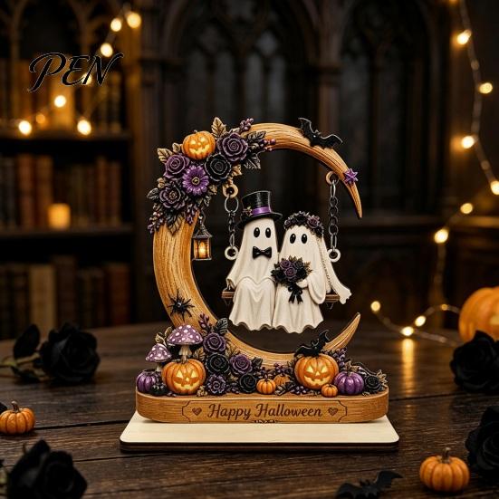 Novelty Ghost Swing Crafts Halloween Moon Figurine, Reading On with Floral Natural Wood Spooky Decor Pumpkin Accents, Wooden Bookshelf for Desk Mantel