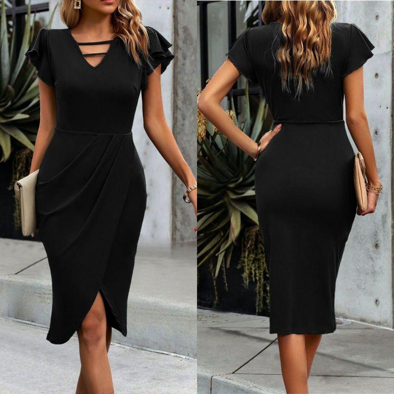 Summer Women Dress Casual Ladies Skirt Summer Ruffle Sleeve Pure Color Dress