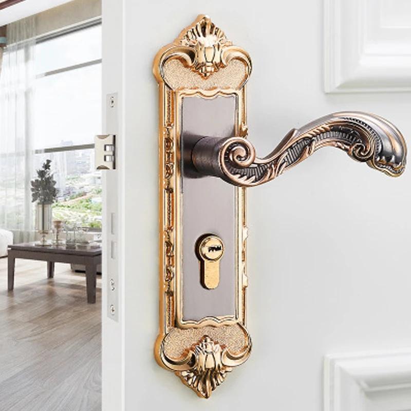 European Style Retro Door Handle Lock Aluminum Alloy Vintage Interior Bedroom Lock Anti-theft Home Room Safety Door Locks