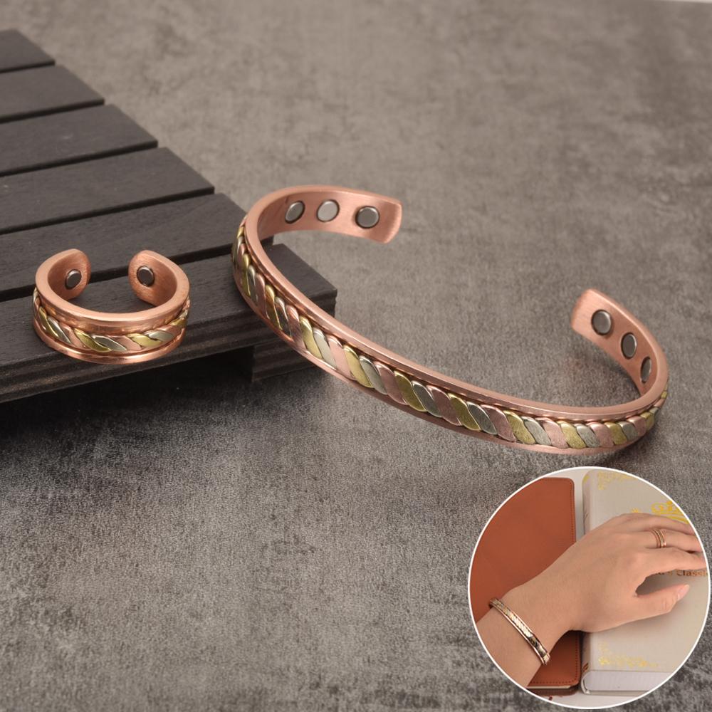 Vinterly Jewelry-Set Magnetic Copper Bracelet Ring Healing Energy Women 8.3mm Rose Adjustable Open Cuff Bangles Resizable