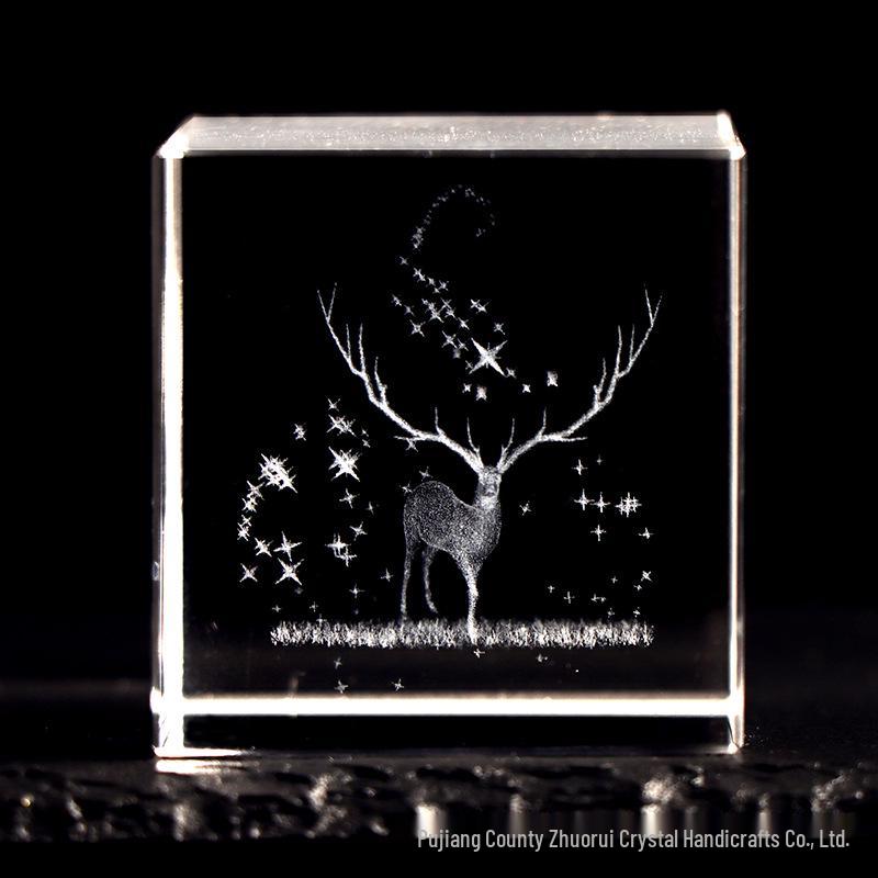 Crystal Heart Shape Ornament with Elk, Raindrops, Moon & Clouds Carving 4 cm