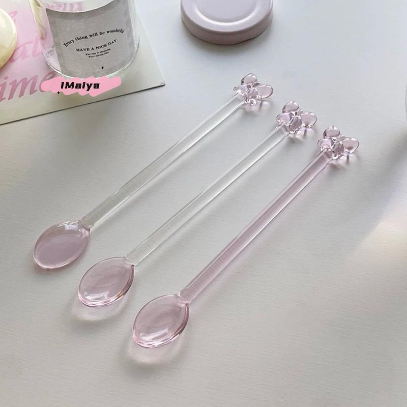 M-Pink Bow Glass Coffee Spoon Long-Handled Dessert/Milk Tea Stirring Spoon Heat-Resistant Teaspoon Household Kitchen Tool