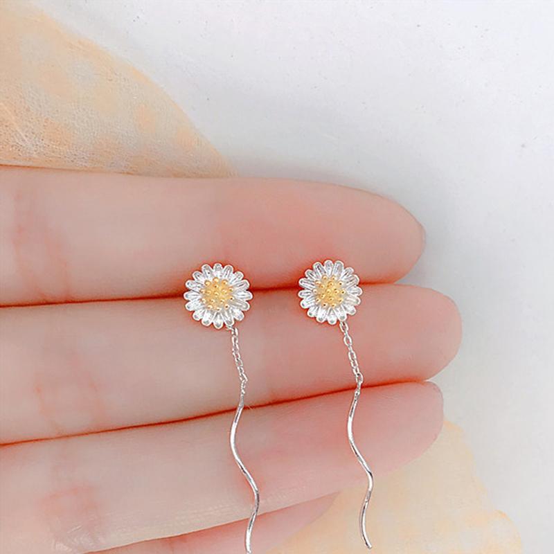 1Pair Silver Color Trend Daisy Flower Long Wire Tassel Thread Hanging Earrings For Women Piercing Earring Girl Jewelry