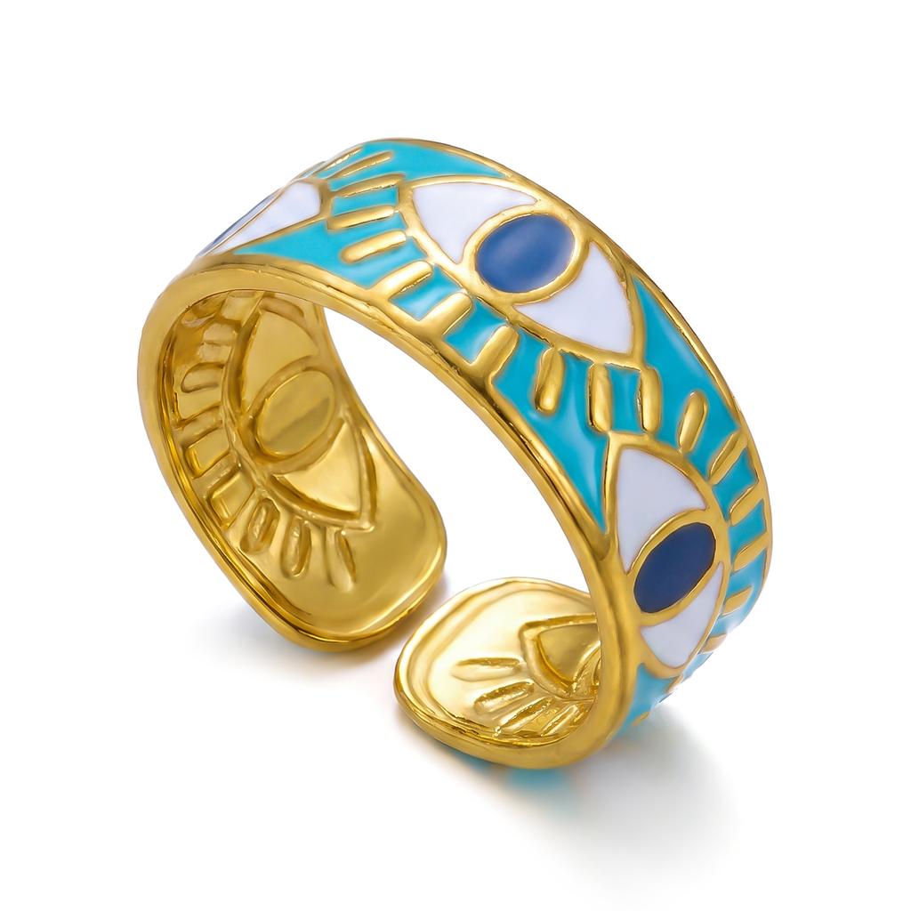 Stainless Steel Open Ring For Women Vintage Ethnic Style Natural Stone Enamel Evil Eye Finger Ring Party Wedding Banquet Jewelry