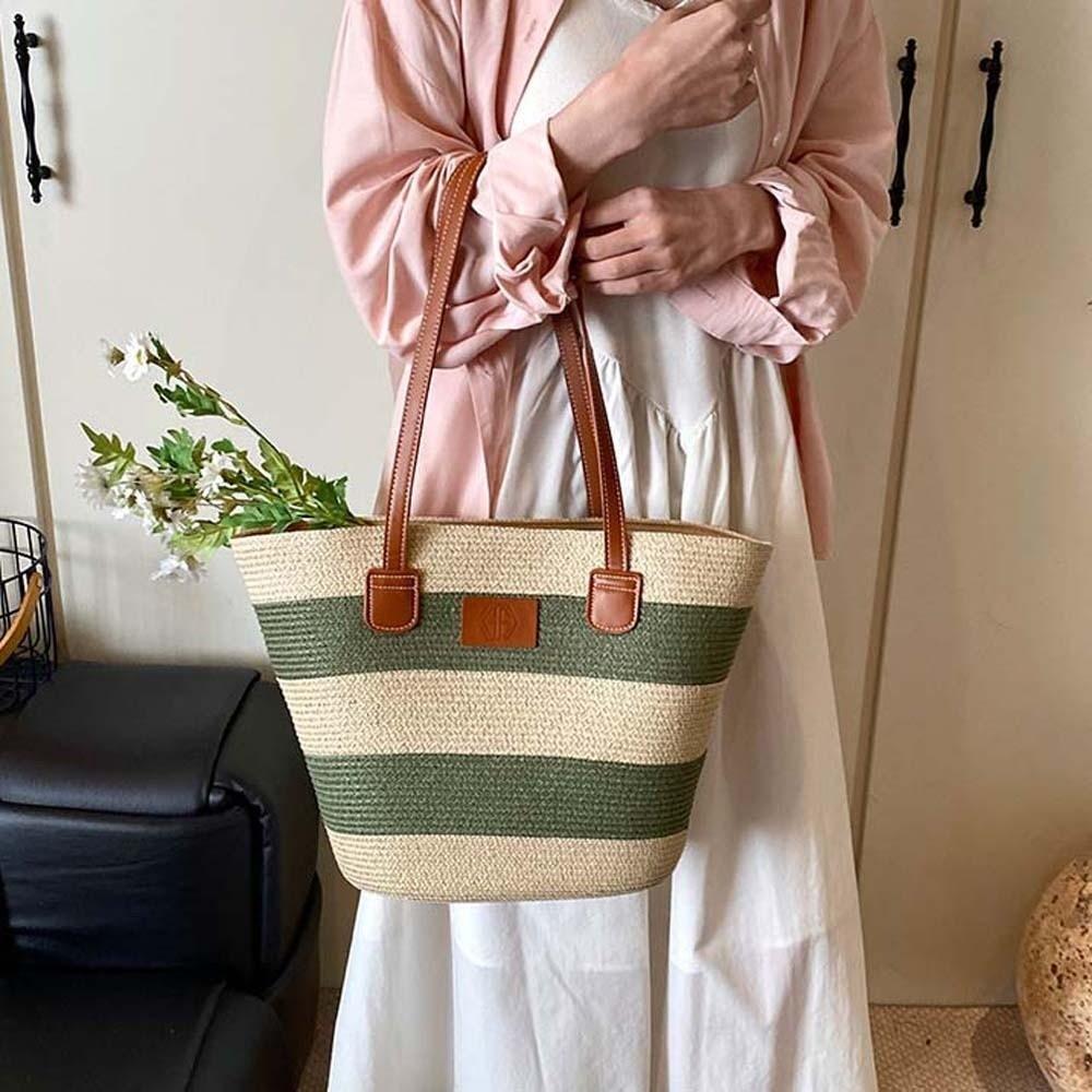 Polyester Stripe Woven Tote Bag Large Capacity Summer Beach Handbag Shopping Straw Bag  Vacation