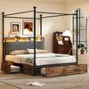 Cama de Casal Multifuncional 140 x 190, com Armazenamento, Dossel de Ferro, Colunas Removíveis, Iluminação LED, Portas de Carregamento USB/Tipo-C, Três Gavetas, Preto