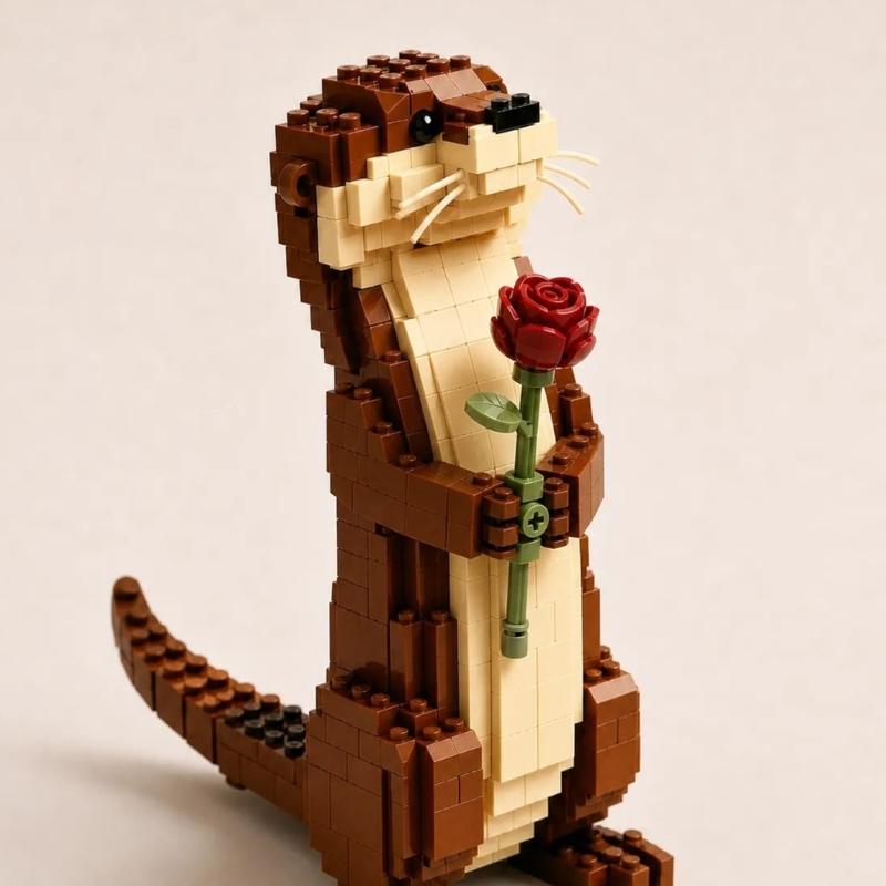 DIY Otters Desk Display Model with Heart Accent, Building Block Animal Figurine Puzzle Toy for Shelf Bedsides Table Home Office Decors Piece