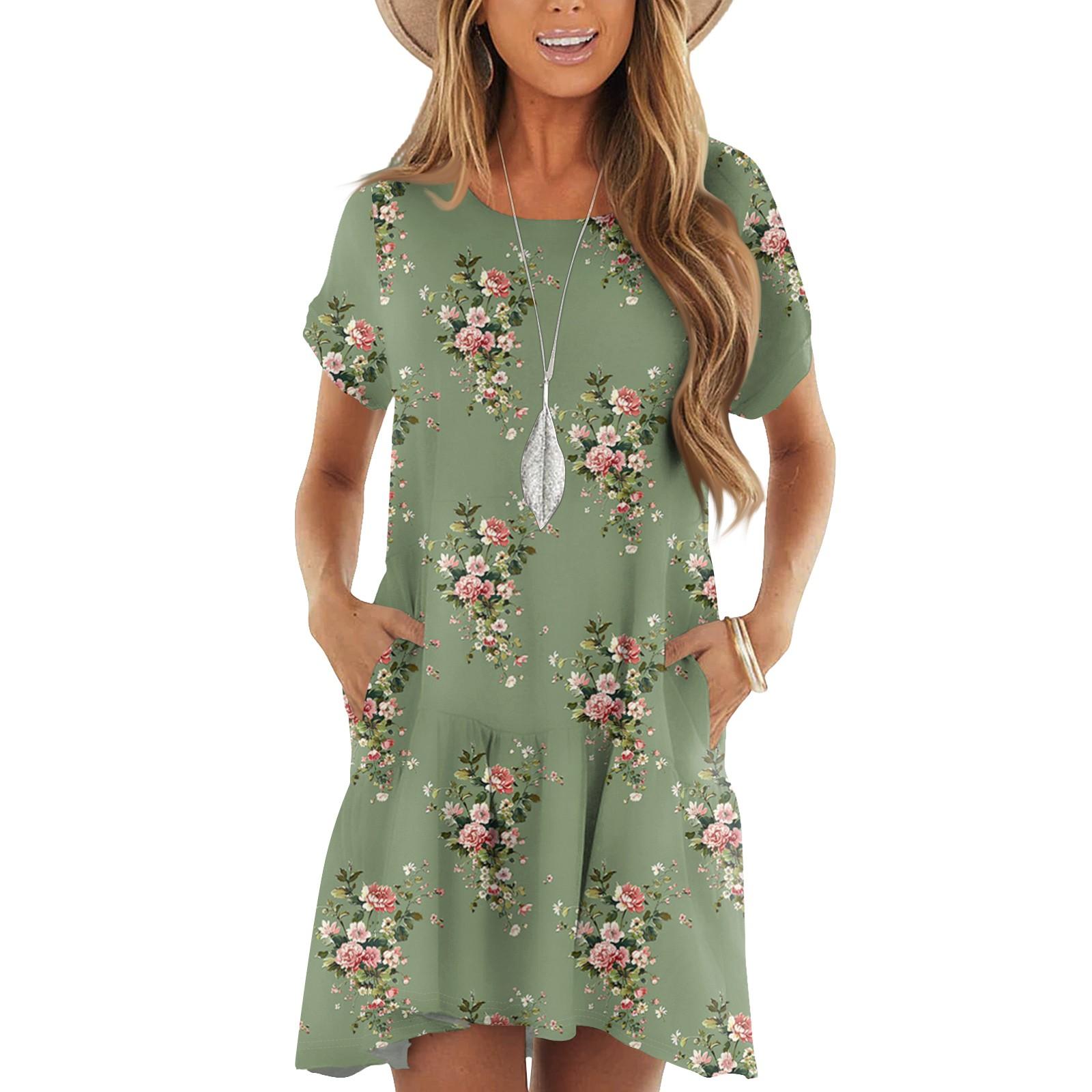 

Женские модные повседневные платья с круглым вырезом и коротким рукавом с оборками и винтажным принтом L зелёный