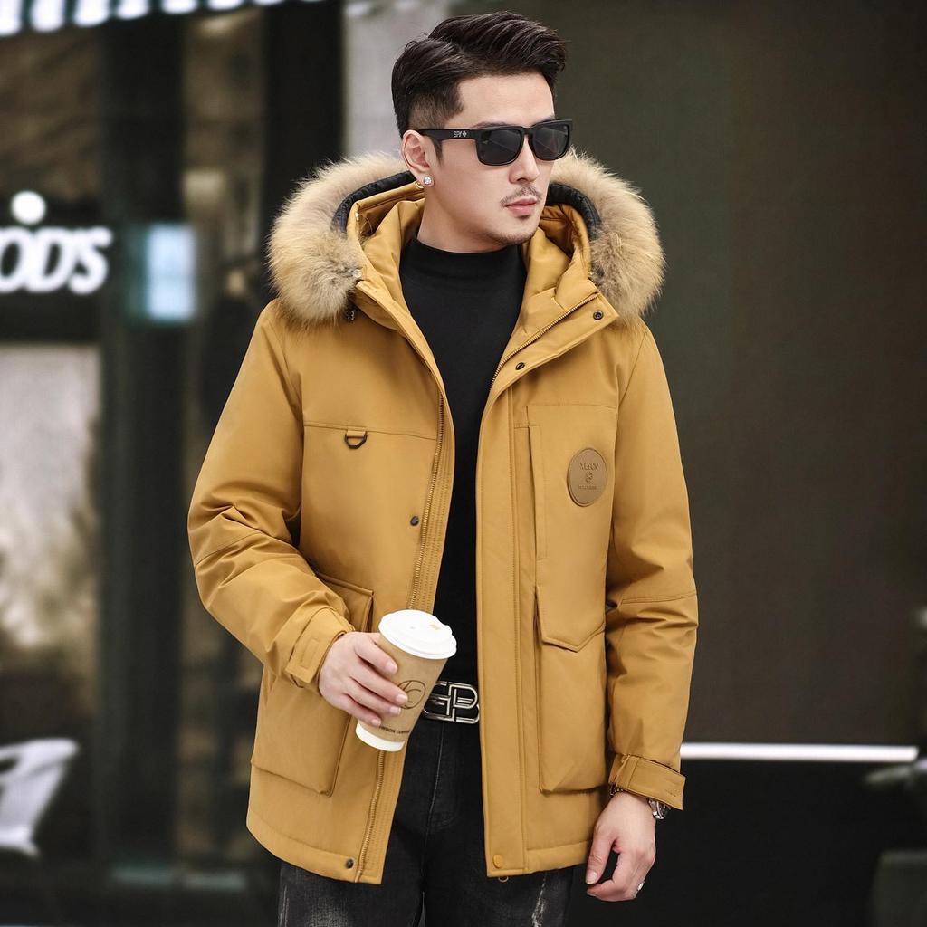 Men's 2025 Winter Hooded Down Jacket with Detachable Fur Collar, Thickened and Fashionable