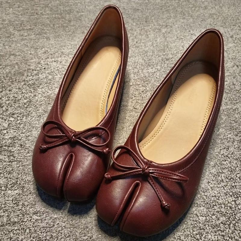 Pleated Designer Split Toe Women Pumps Comfort Soft Leather 3.5cm Low Heeled Ballet Ballerina Casual Tabi Loafers Shoes